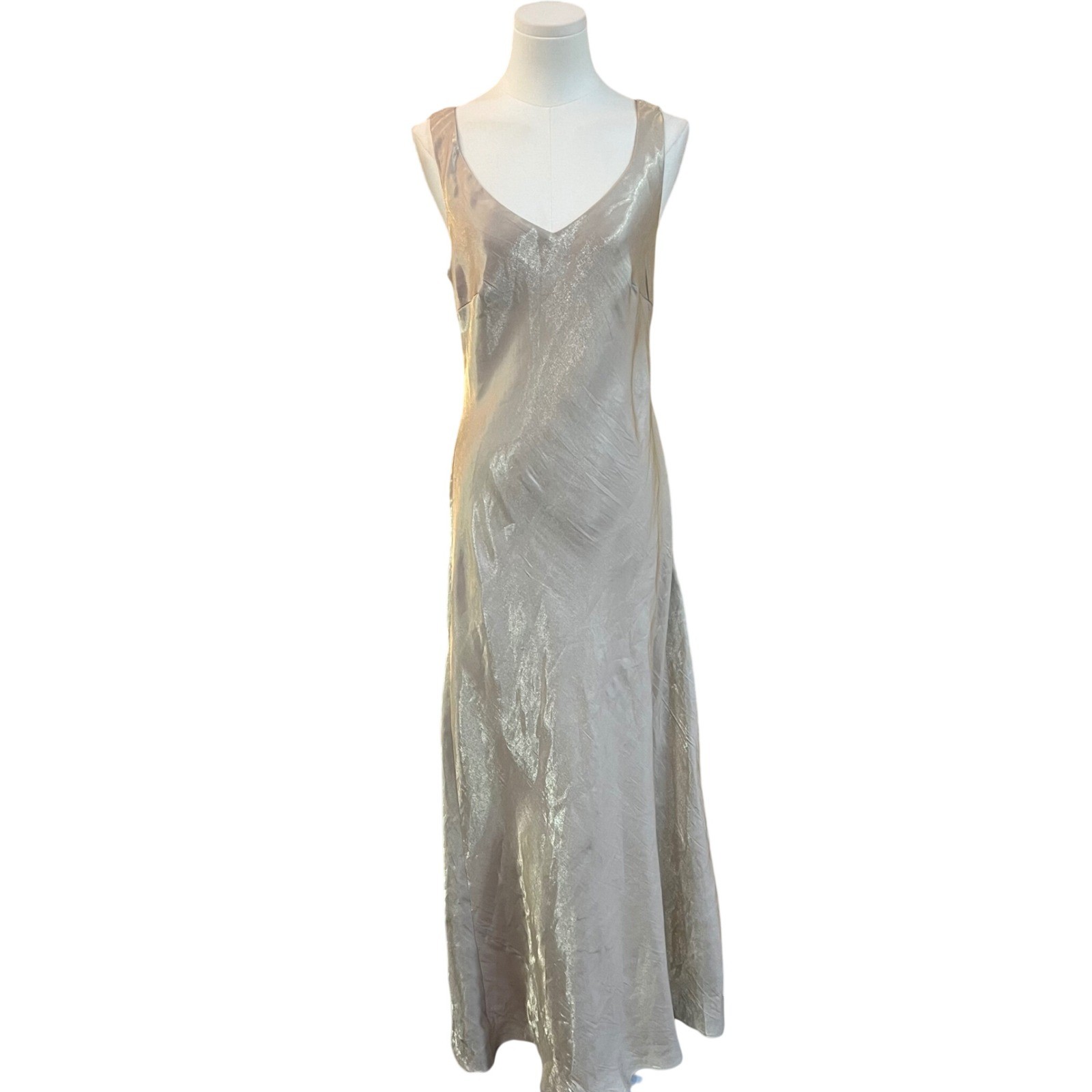 Vintage Alex Evenings Champagne Metallic Rayon Slip Maxi Dress 90s Formal 12