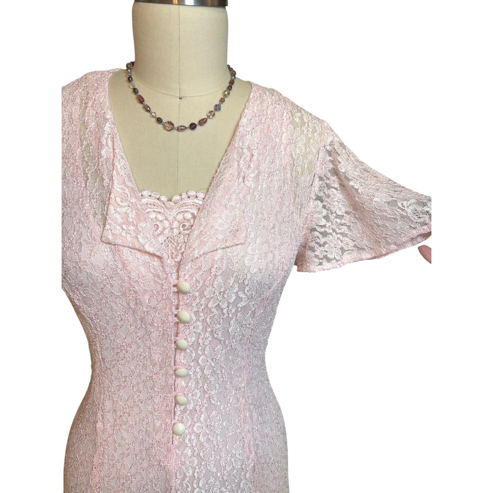 90s Dawn Joy Fashions Lace Midi Romantic Dress Womens 6 Pink Vintage Corset Back