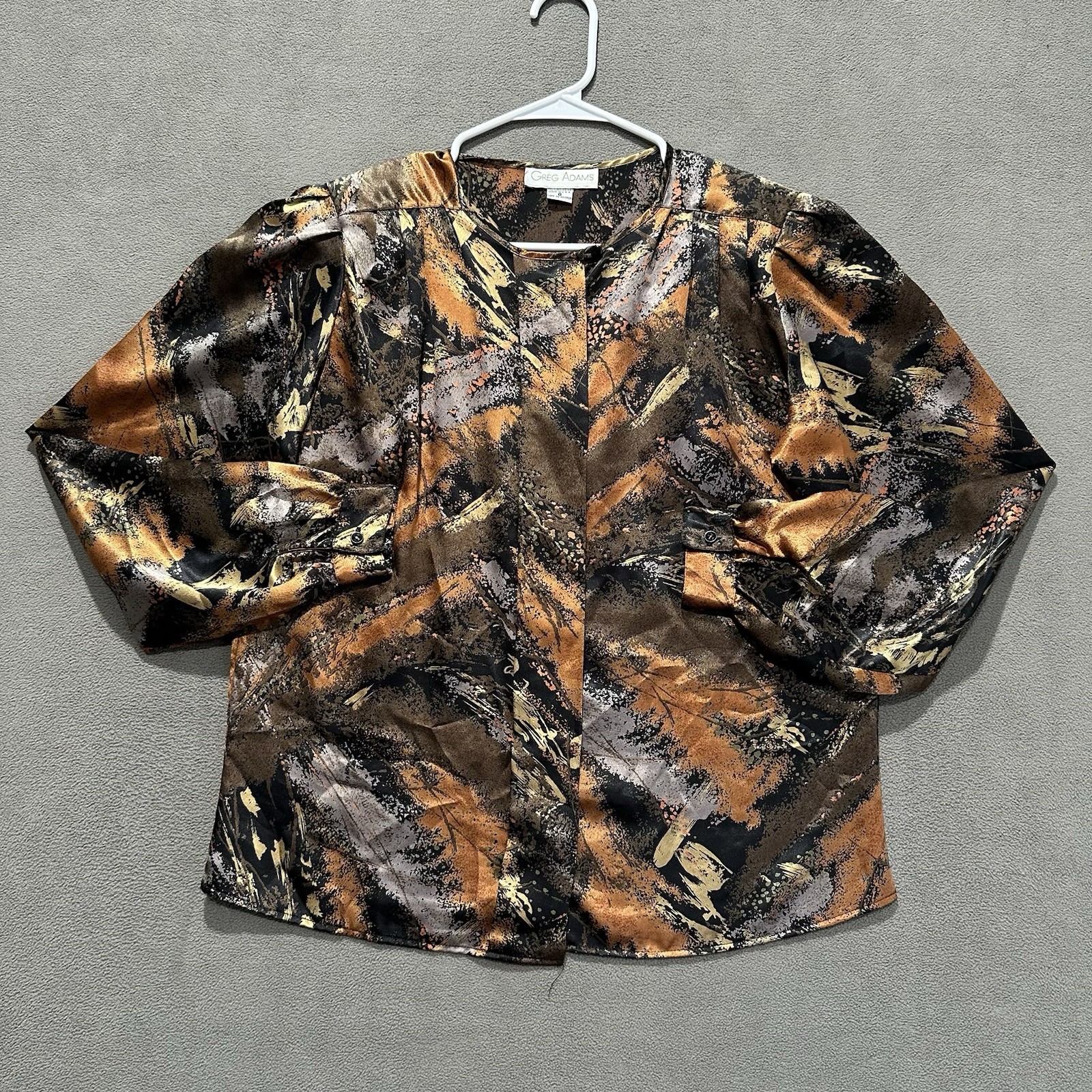 Vintage Greg Adams Top Womens 8 Bronze Black Geoemtric Abstract Button Front EUC