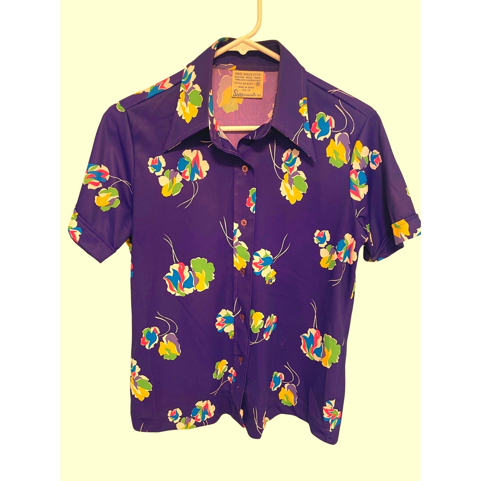 Vintage Sears Shirt Button Down 70s Dagger Collar Perma-Prest Purple Floral 14