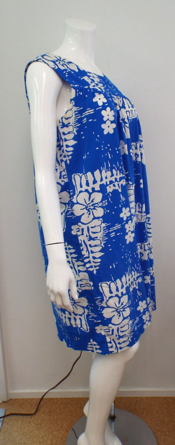 Vintage Ui-Maikai Hawaiian Dress Blue Hibiscus Floral Cotton Sundress Hawaii S/M