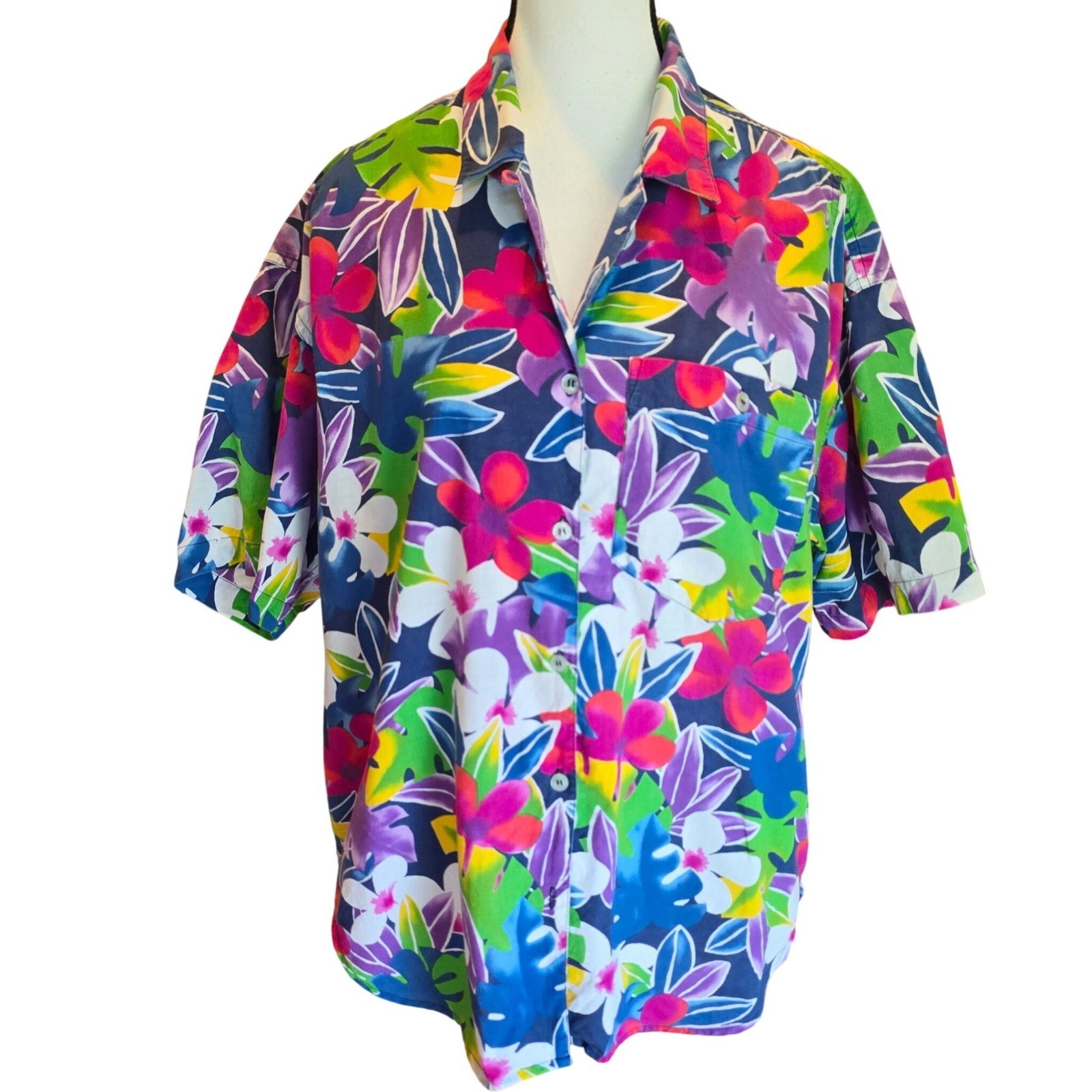 Vintage Lizsport Womens Large Hawaiian Shirt Cotton Tropical Floral Blue 80s 90s