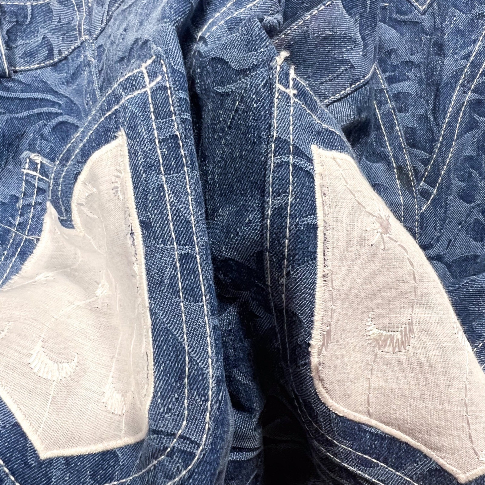 Vintage Dekers Paris Flared Brocade Pants Blue Floral Lace Button Hem