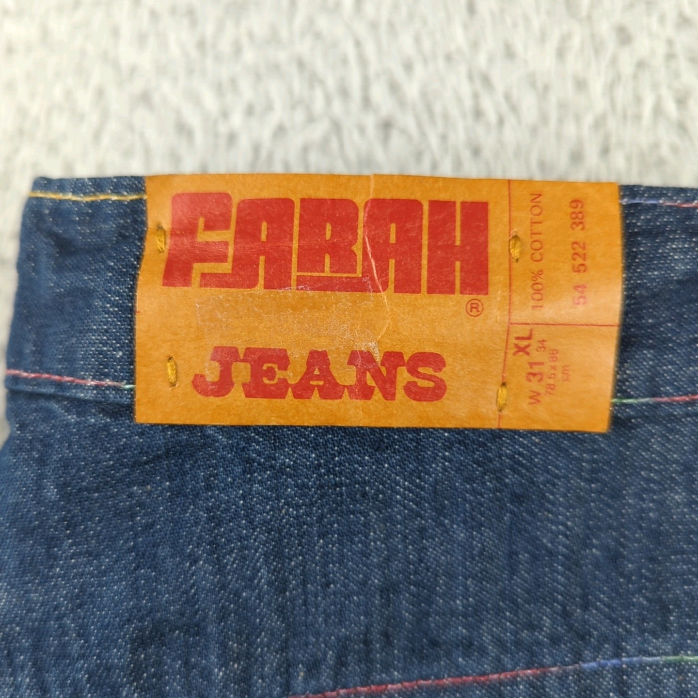 Vintage 1970s Farah Jeans Womens 31 XL Blue Flare Bell Bottoms Rainbow Stitch