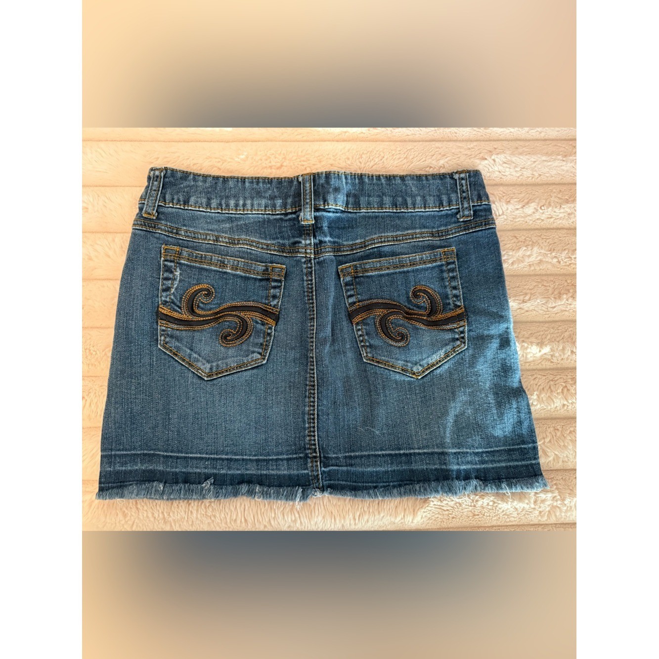 Vintage Candie’s Y2K Denim Mini Skirt Raw Hem Embroidered Pockets