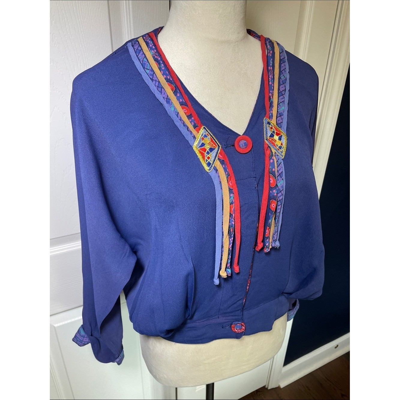 Vintage Carole Little Navy Blue V-Neck Blouse with Multicolor Tassel Trim Sz M