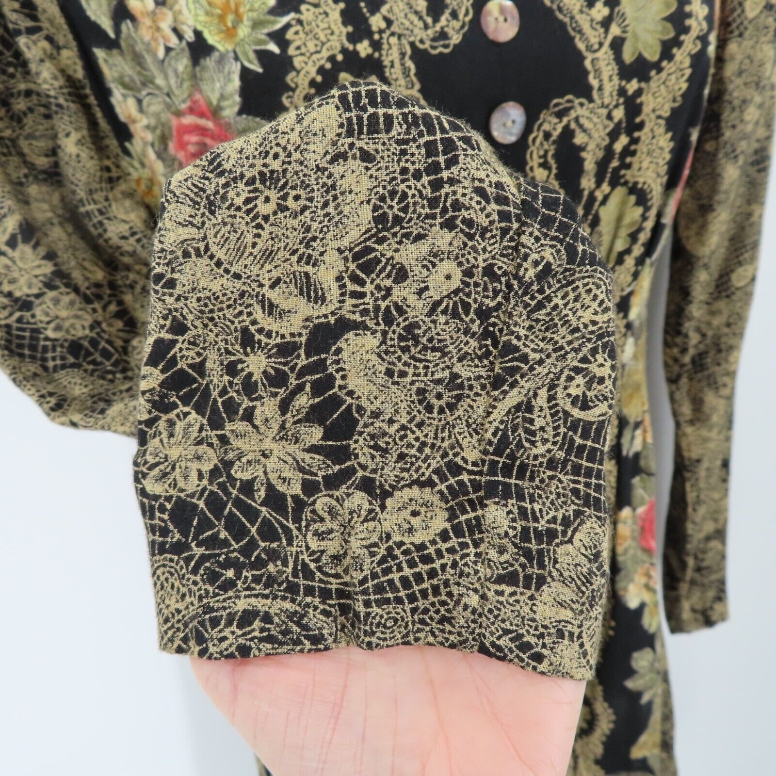 VTG Dawn Joy Womens 7/8 Floral Flower Lace Print Button Long Sleeve Dress Boho