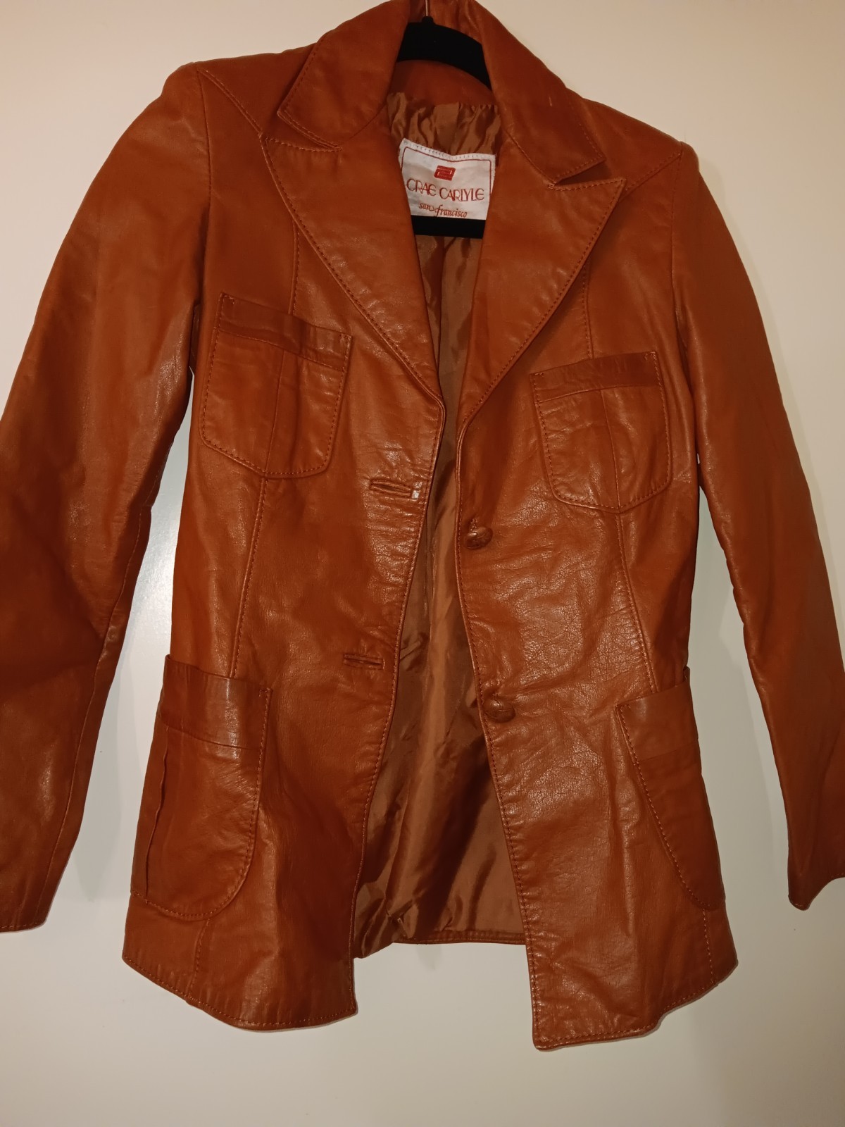 Vintage Leather Jacket Crae Carlyle Size S 70s Glossy Nutmeg Brown Fitted