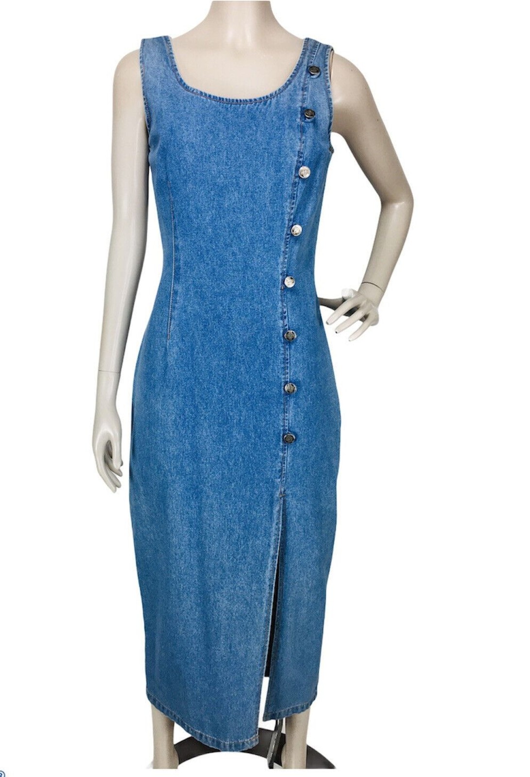 VTG 80s Bombshell Hourglass Denim Thigh-Slit Front Side Button Jean Dress NOS