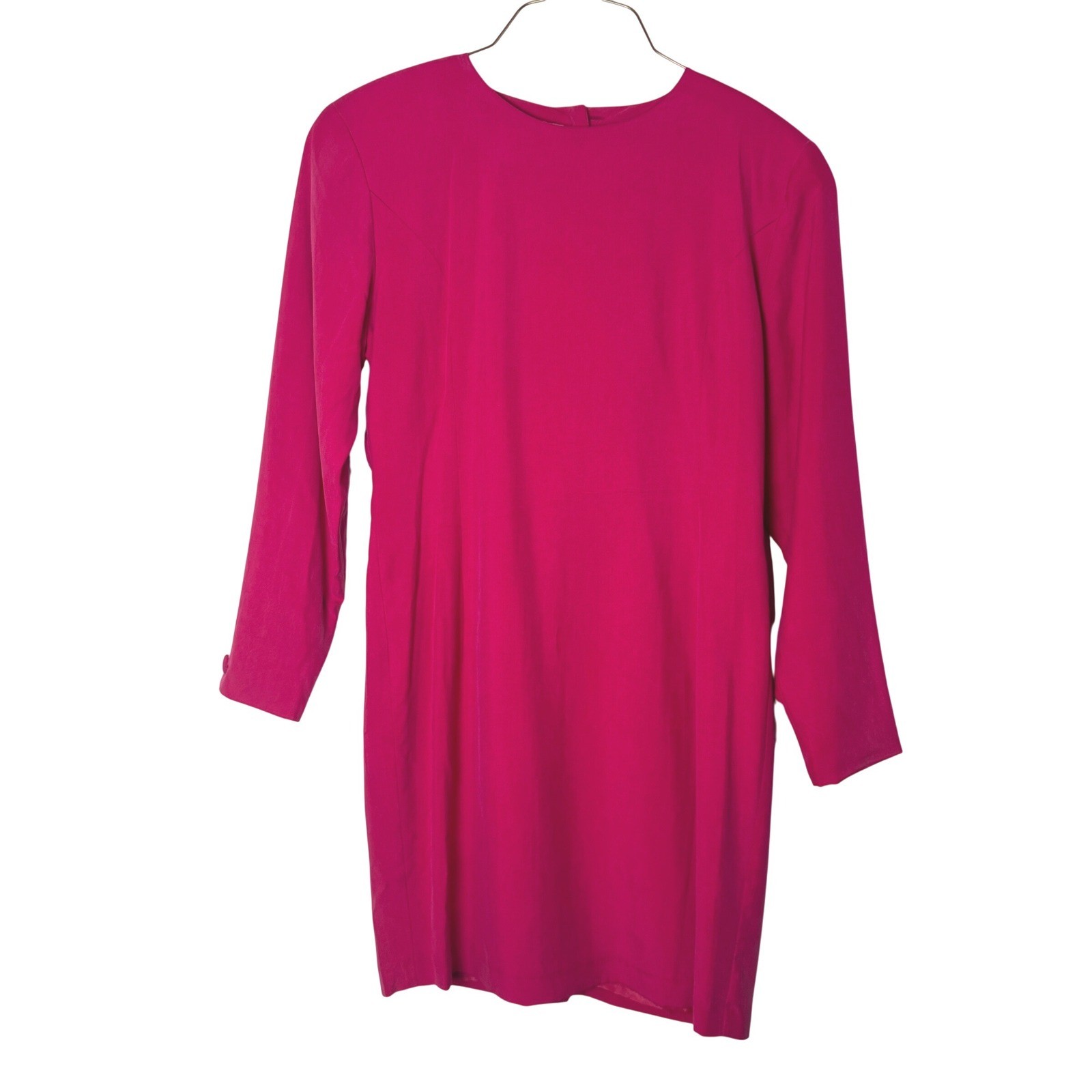 Assanti Vintage 100% Silk Magenta Hot Pink Long Sleeve Button Back Dress Size 8