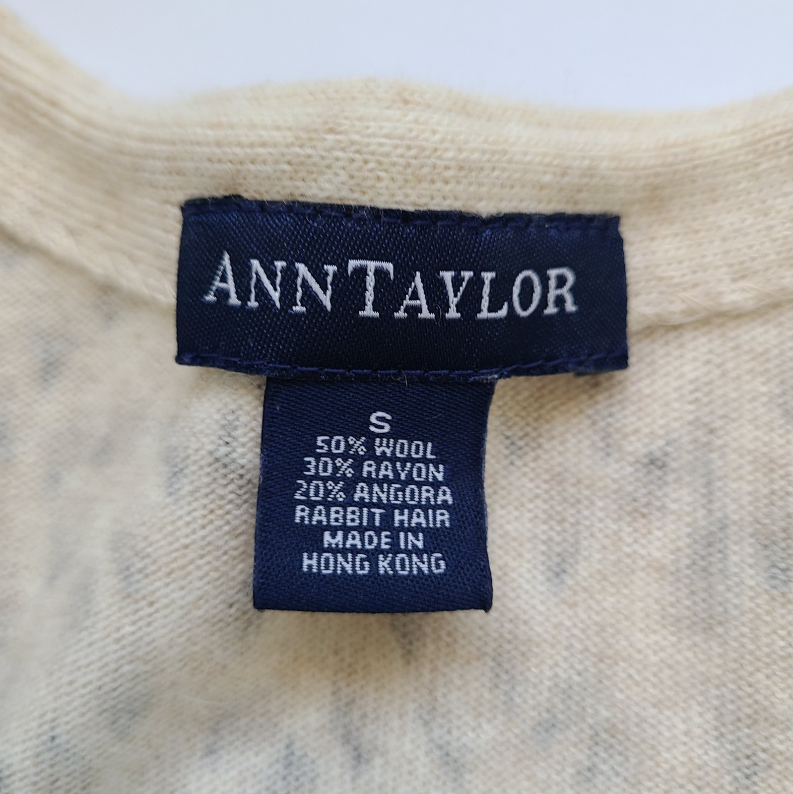 Vintage 2000s Ann Taylor Cardigan Sweater S Wool Angora Blue Label Beige Print
