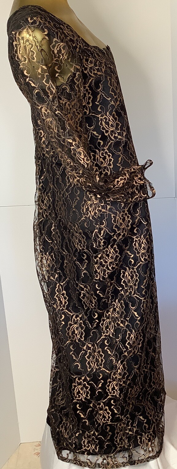 Vtg California Place 80‘s Long Sleeve Dress Sz 16 Black Gold Lace Flowers Goth