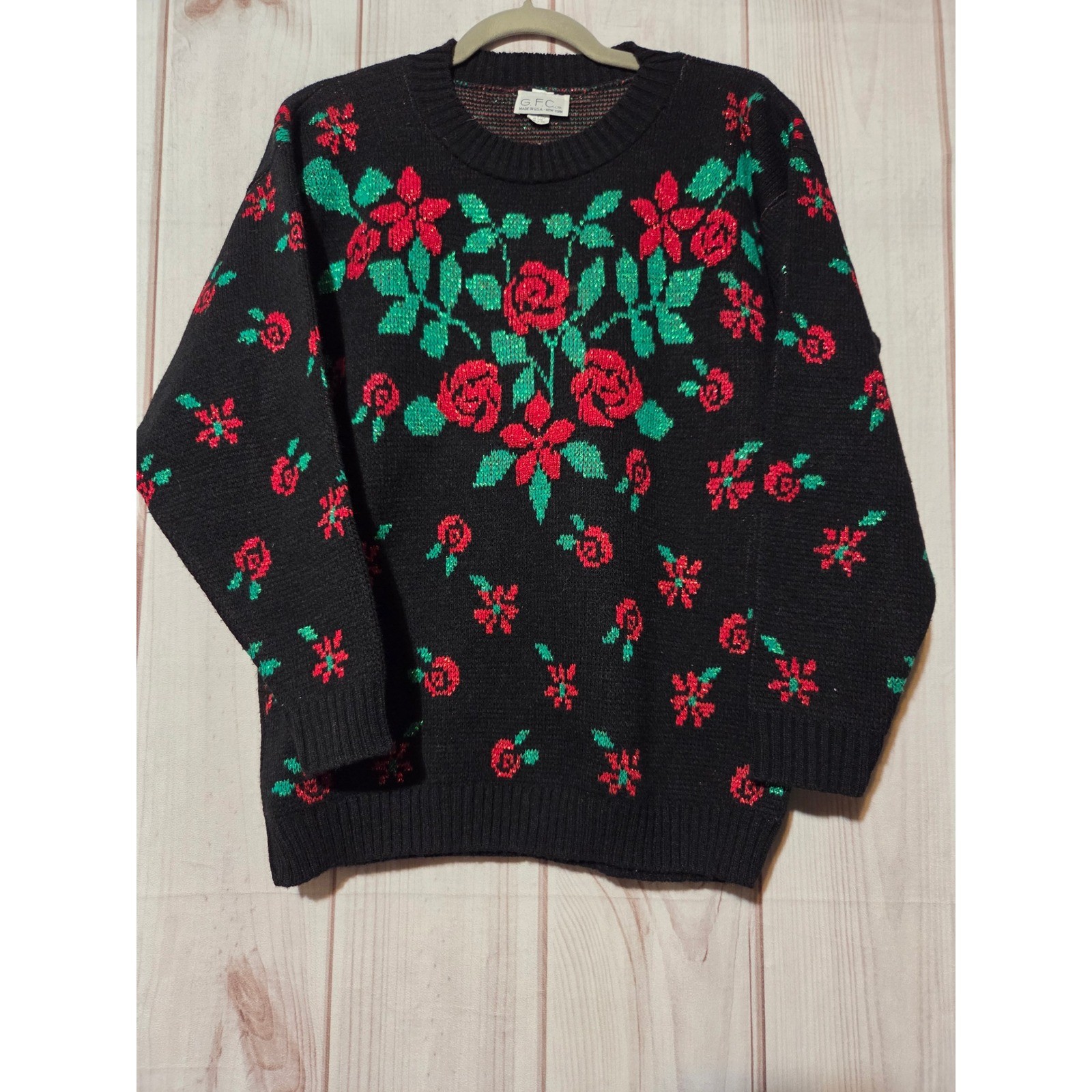 GFC Vintage Rose Floral Metallic Knit Sweater Black Red Green USA Whimsigoth M