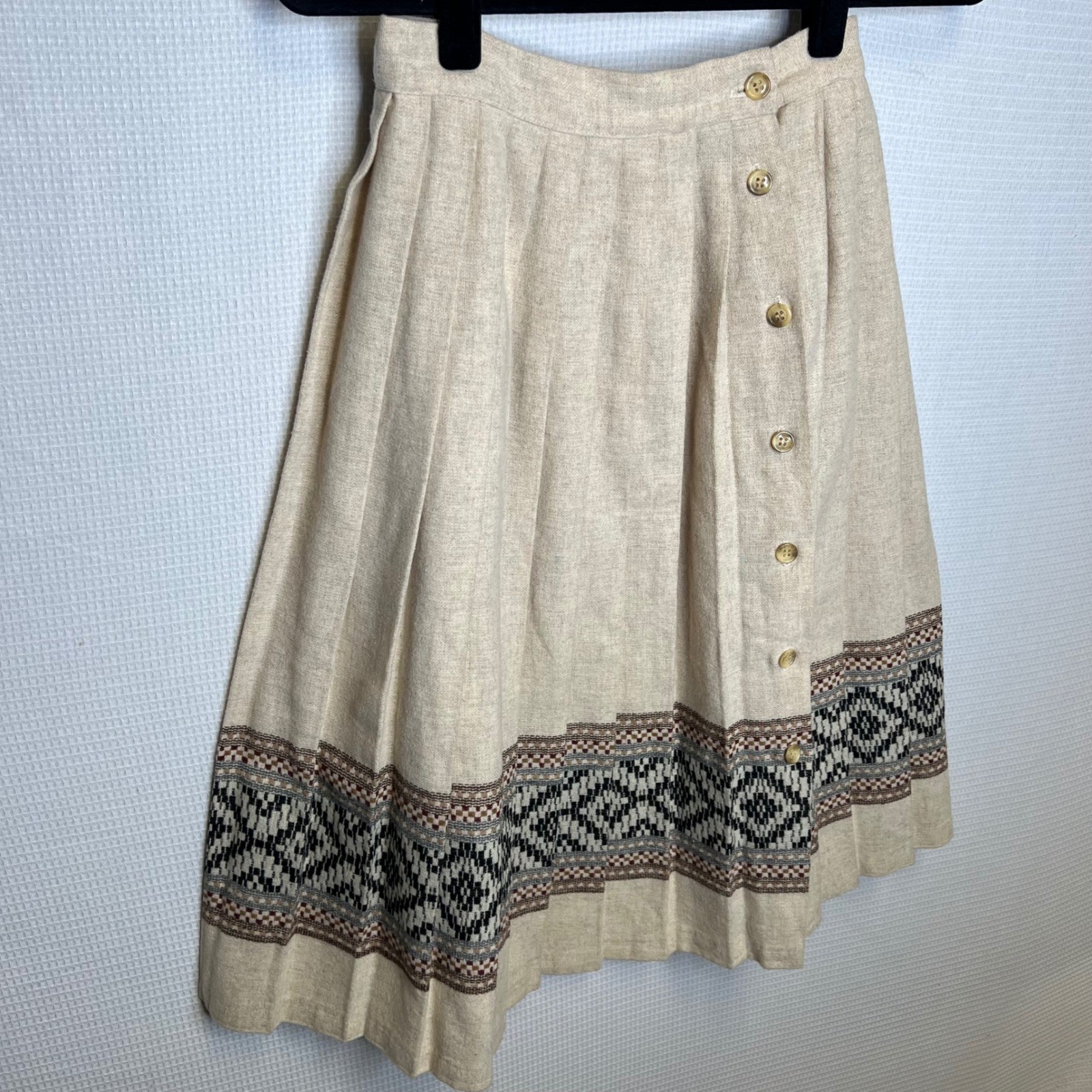 Vintage Oatmeal Beige Pleated Skirt Wool Button Front Geometric Border Size 0