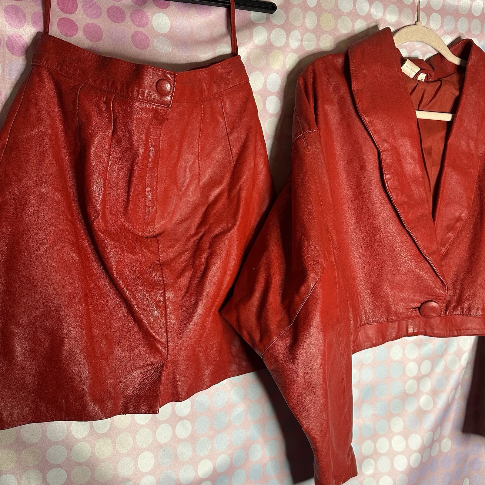 Vintage Vtg Genuine Real Leather Red Jacket Mini Skirt Power Suit 2 Piece Set