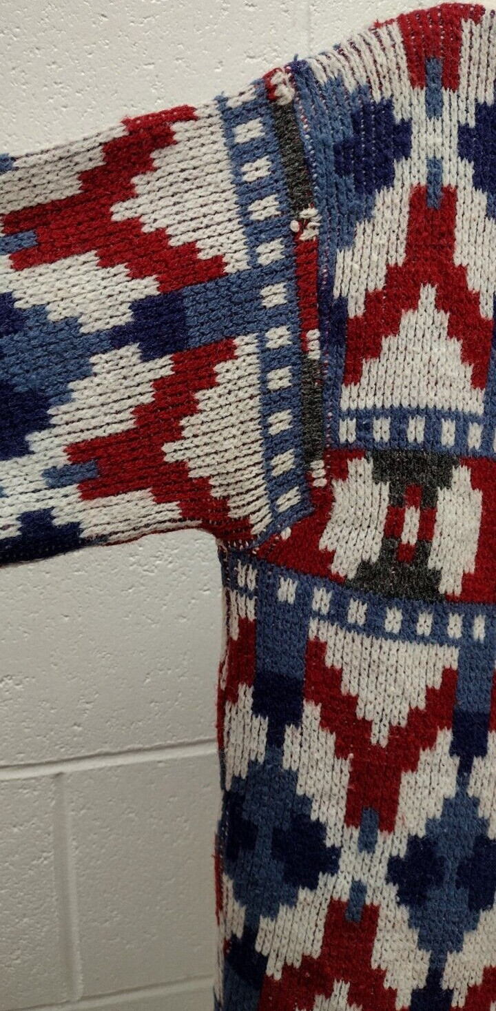 MCM Sweater Mid Century Holiday Burgundy Red White & Blues Mod Mock Neck Crew