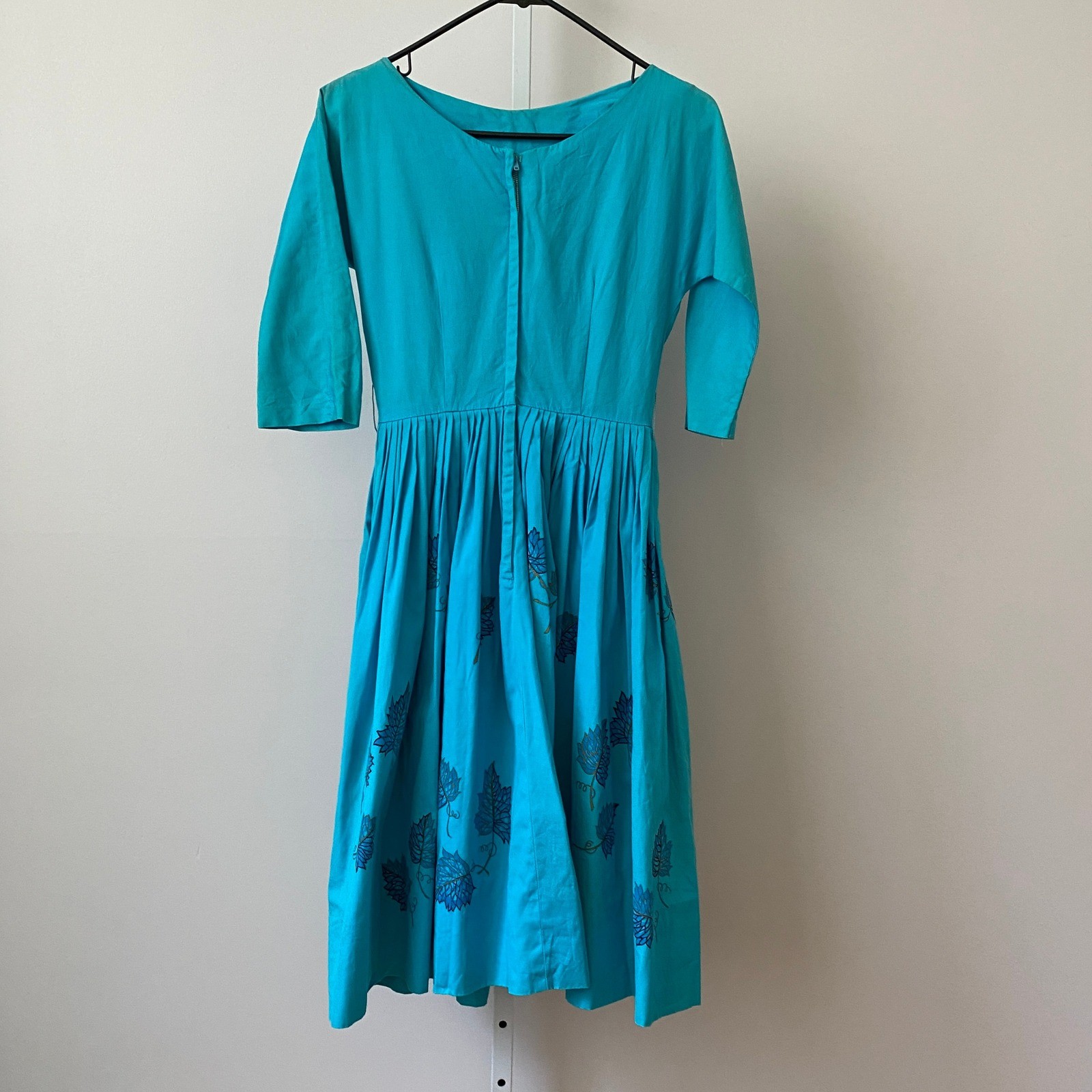 Vintage 60s Cotton Dainty Coquette Rockabilly Fit Flare Dress S Blue Leaf