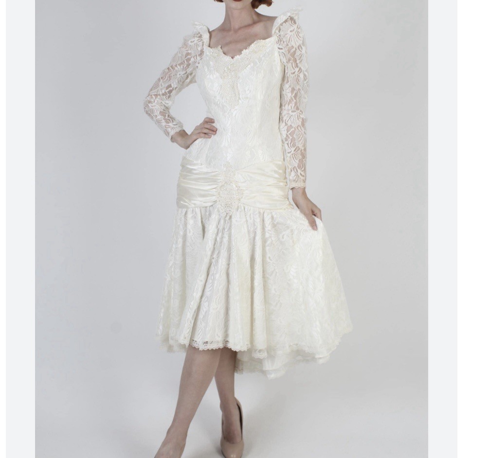 Vintage 80s Bonnell White Lace Chiffon Hi Lo Dress Wedding Prom Party Deco Sz M