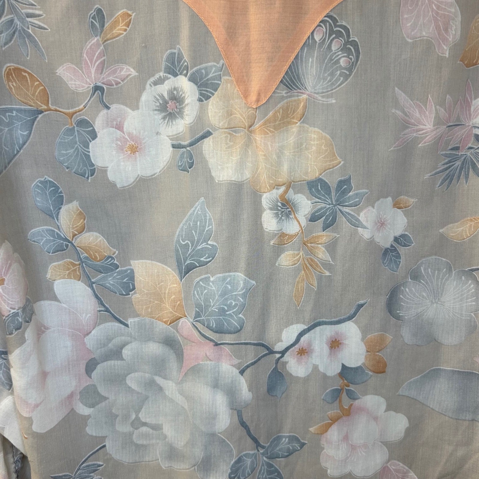 Vintage 70s Triple LLL Womens M Floral Western Pearl Snap Peach Grey Butterfly