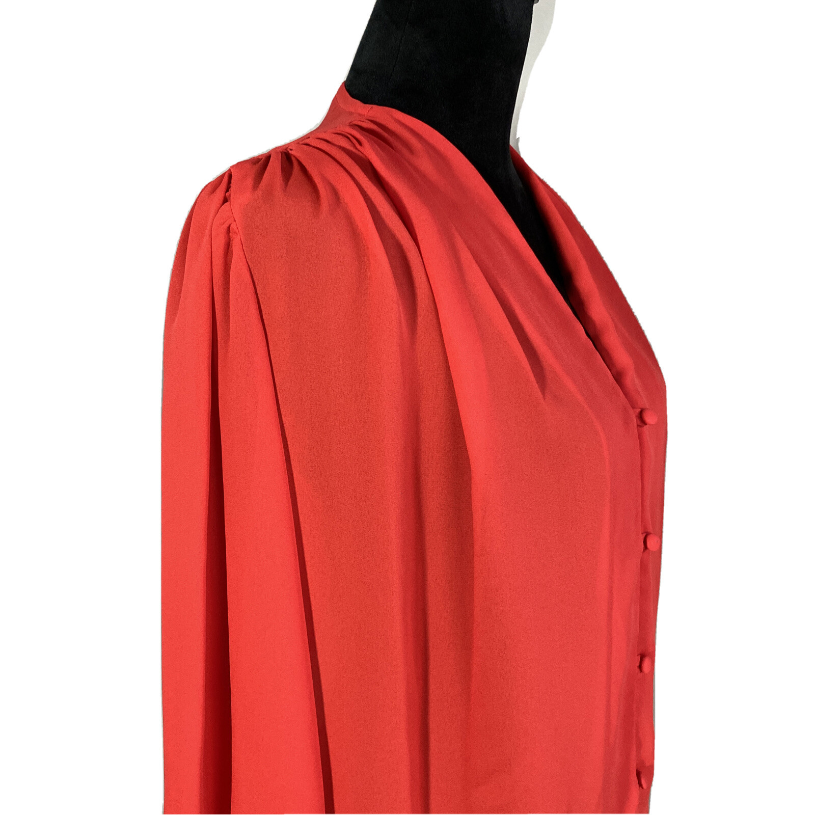 VTG Puccini Blouse Sz 8 True Red Button Loop Pleat Shoulder Long Sl Top Work USA