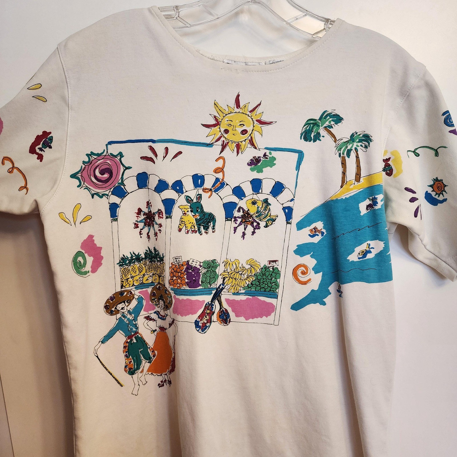 Vintage 80s Painted Latina Culture Tee White Cotton Fruit Piñata Sun Top M