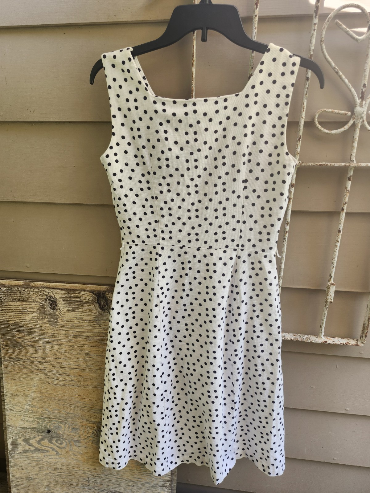 Vg 50s Dress White w/Black Polka Dot Fitted Waist Lrg Button Front W Pockets S/M