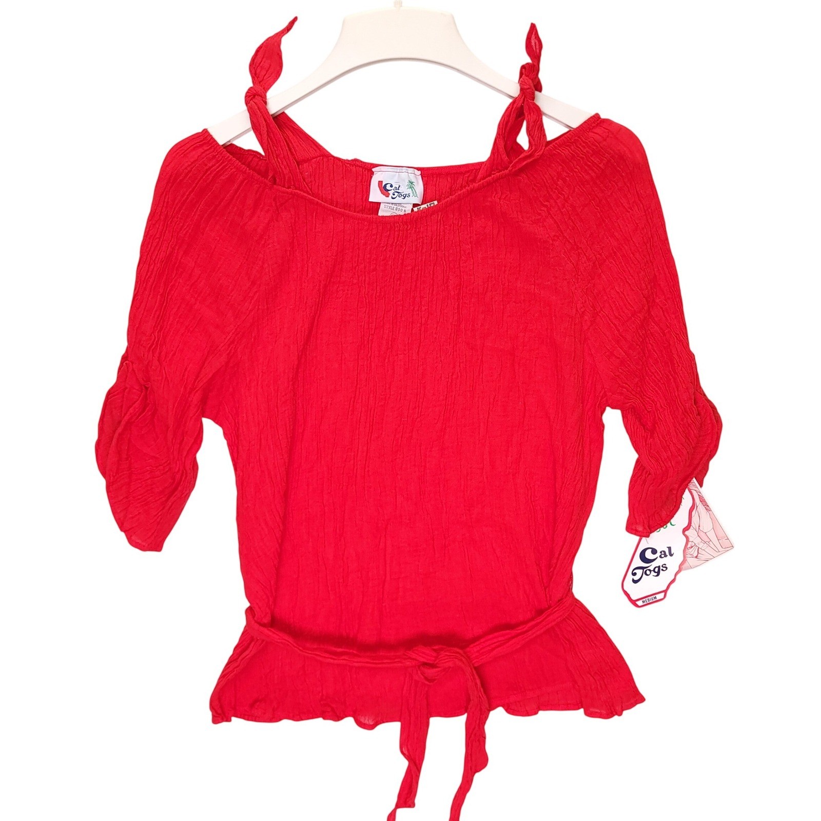 Vintage Cal Jogs Red Cold Shoulder Gauze Peplum Top Tie Waist Medium