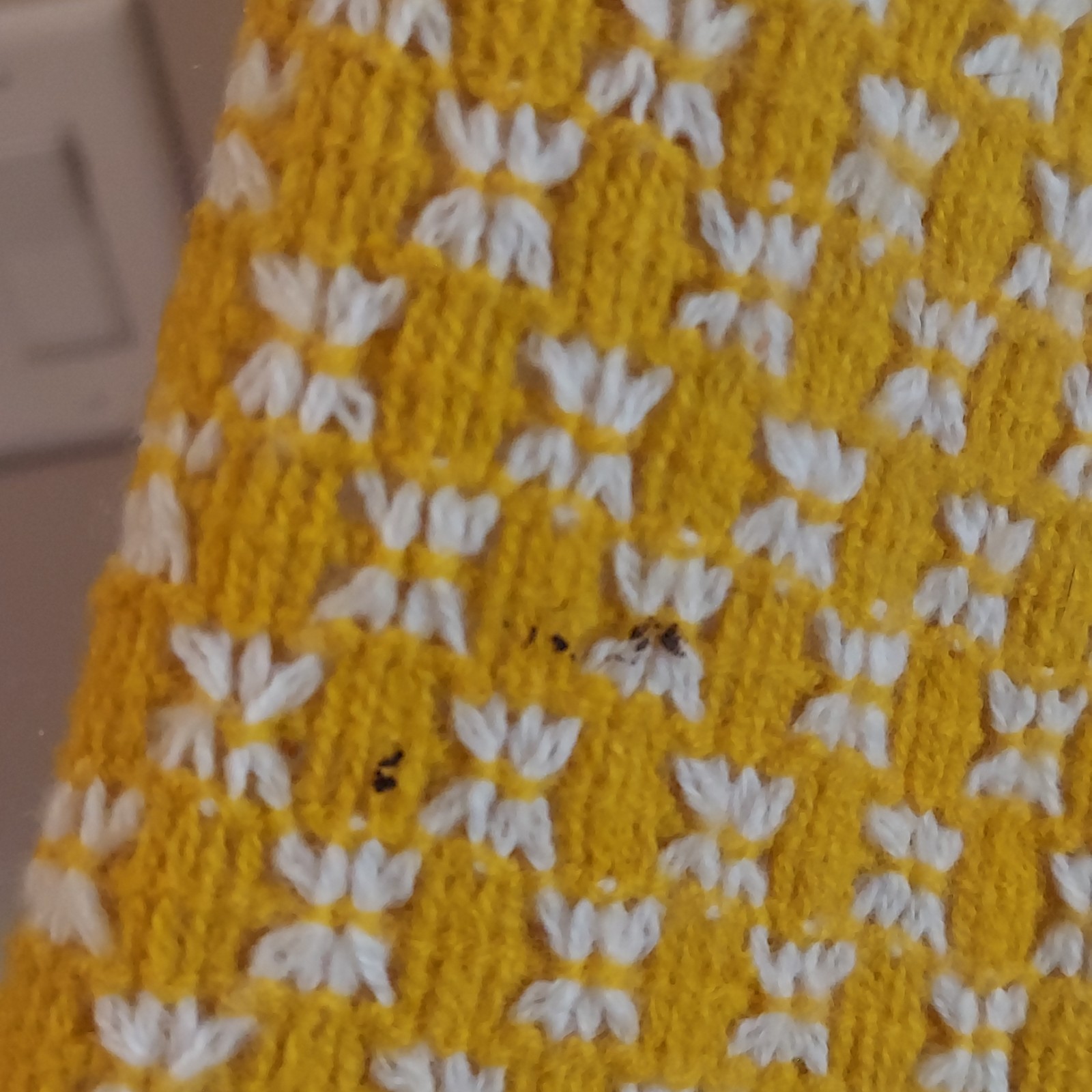 Vintage Crochet Fringe Poncho (stain) Yellow Cream Button Up Arm Holes Union