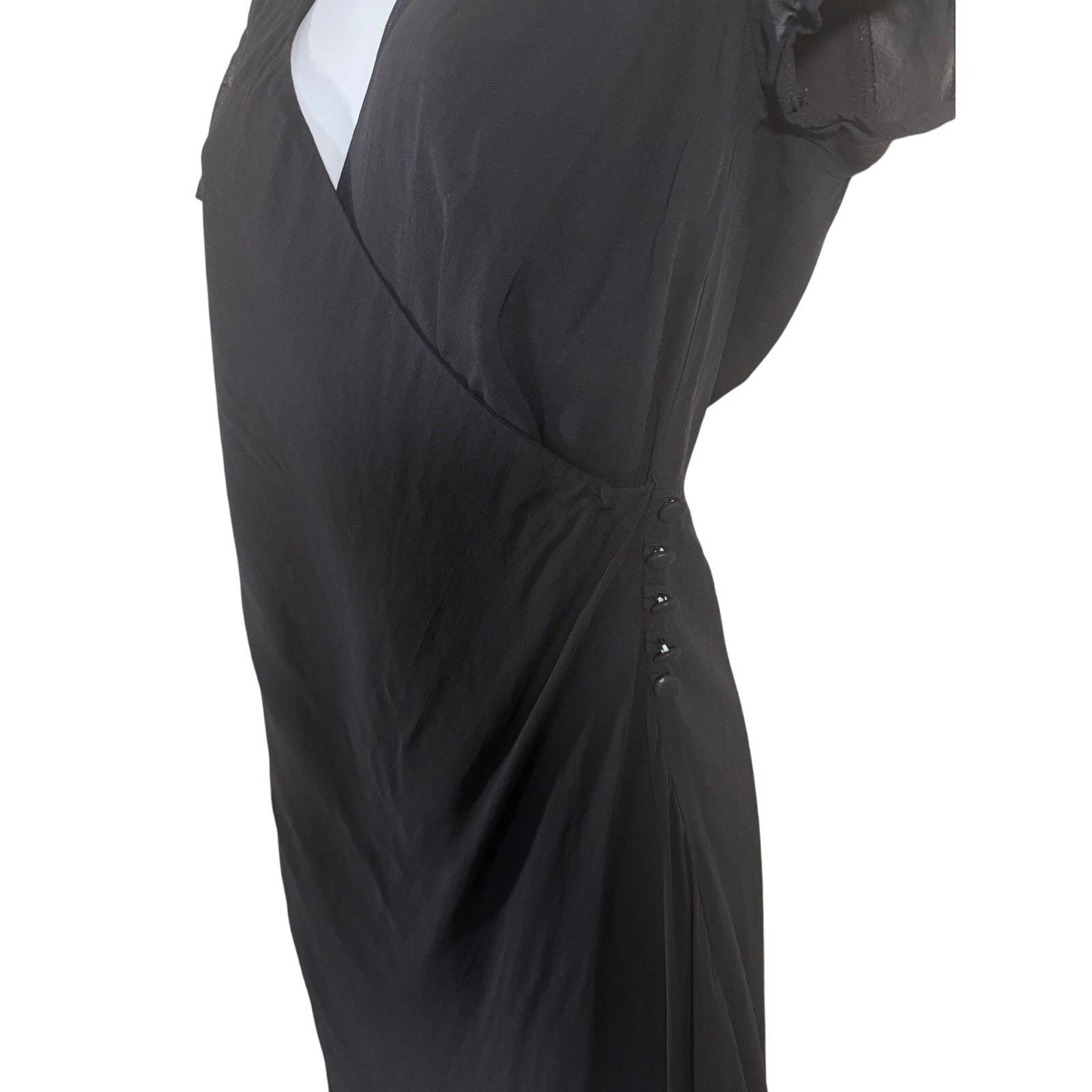 Vintage 90s Tessuto Black Flutter Sleeve Chiffon Button Front Wrap Dress Size M
