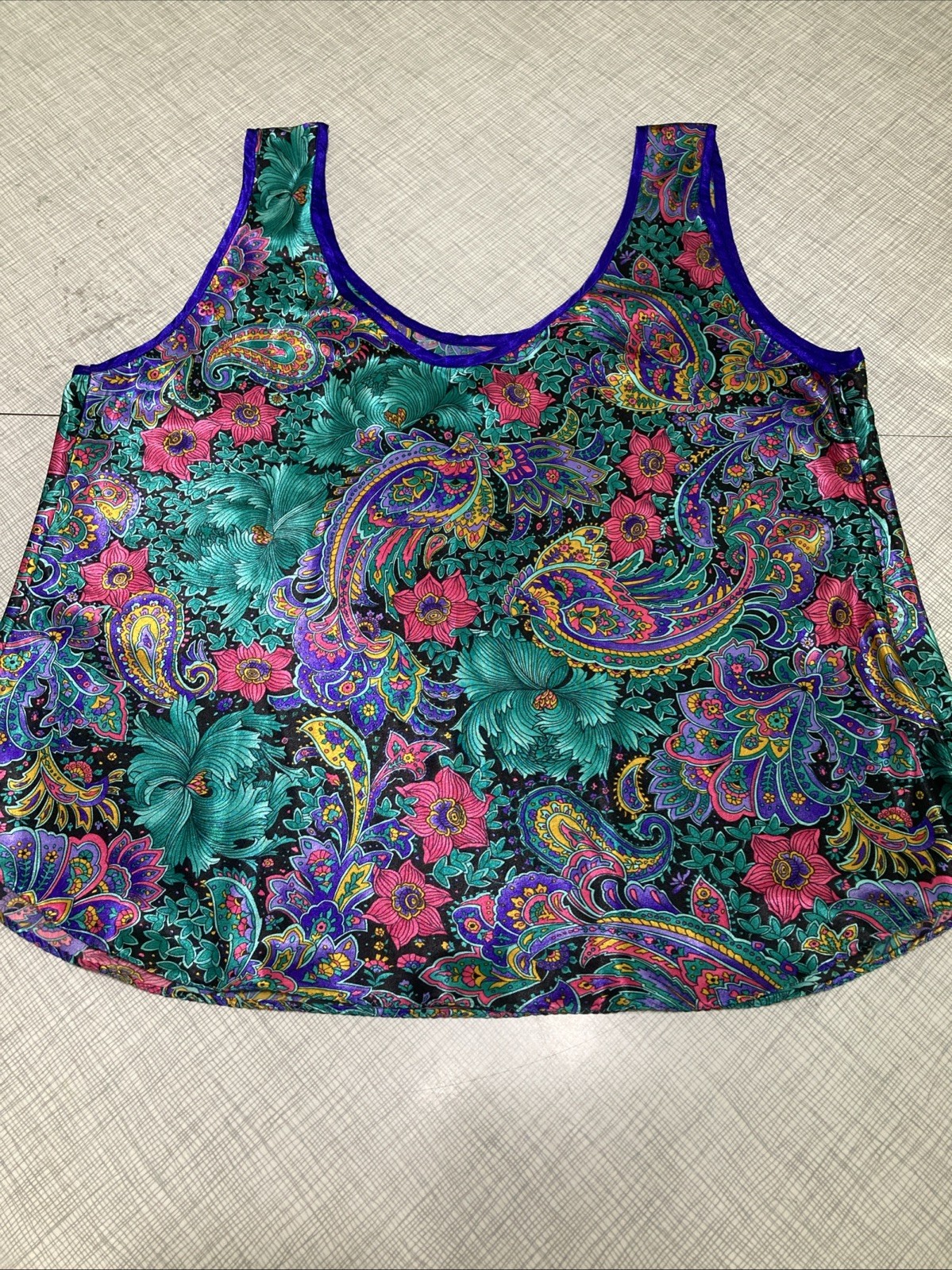 Vtg 80s California Dynasty Satin Cami Tank Top Plus 1X Jewel Tone Paisley Floral