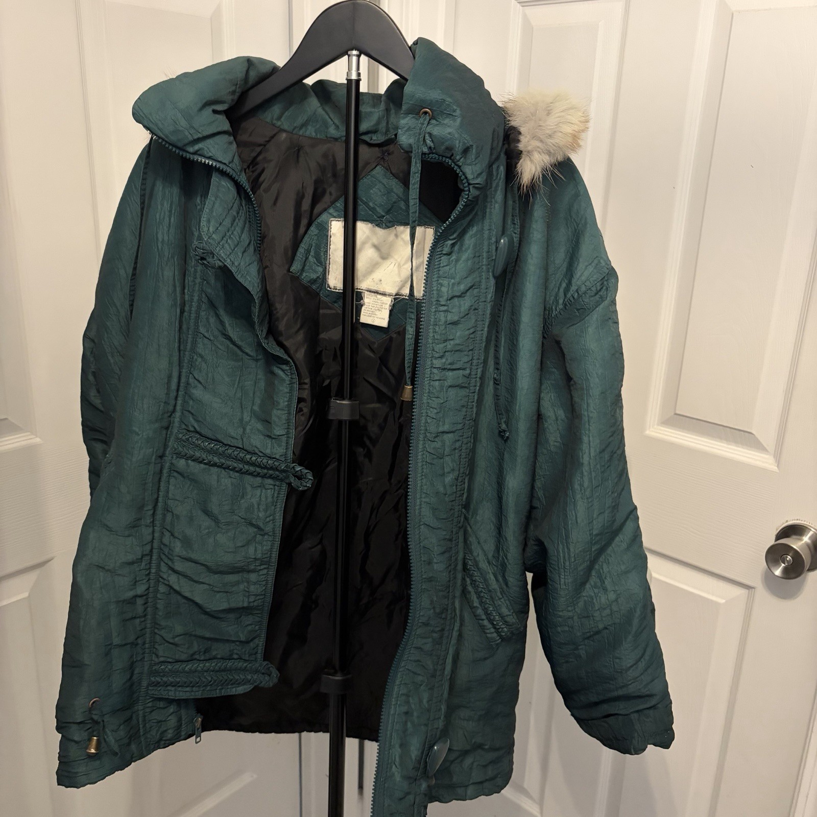 Vtg Izzi 80s Teal Iridescent Puffer Jacket Fox Fur Granny Retro Y2K Toggle Miss