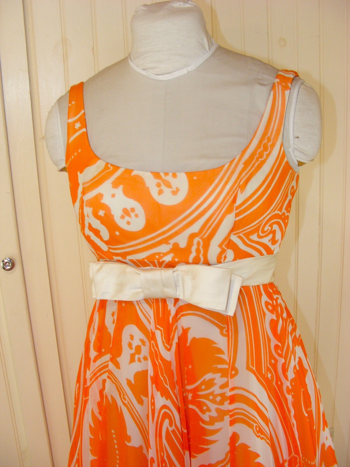 1970 DRESS KIKI HART COUTURE ORANGE WHITE CHIFFON EMPIRE WAIST BALL GOWN SM