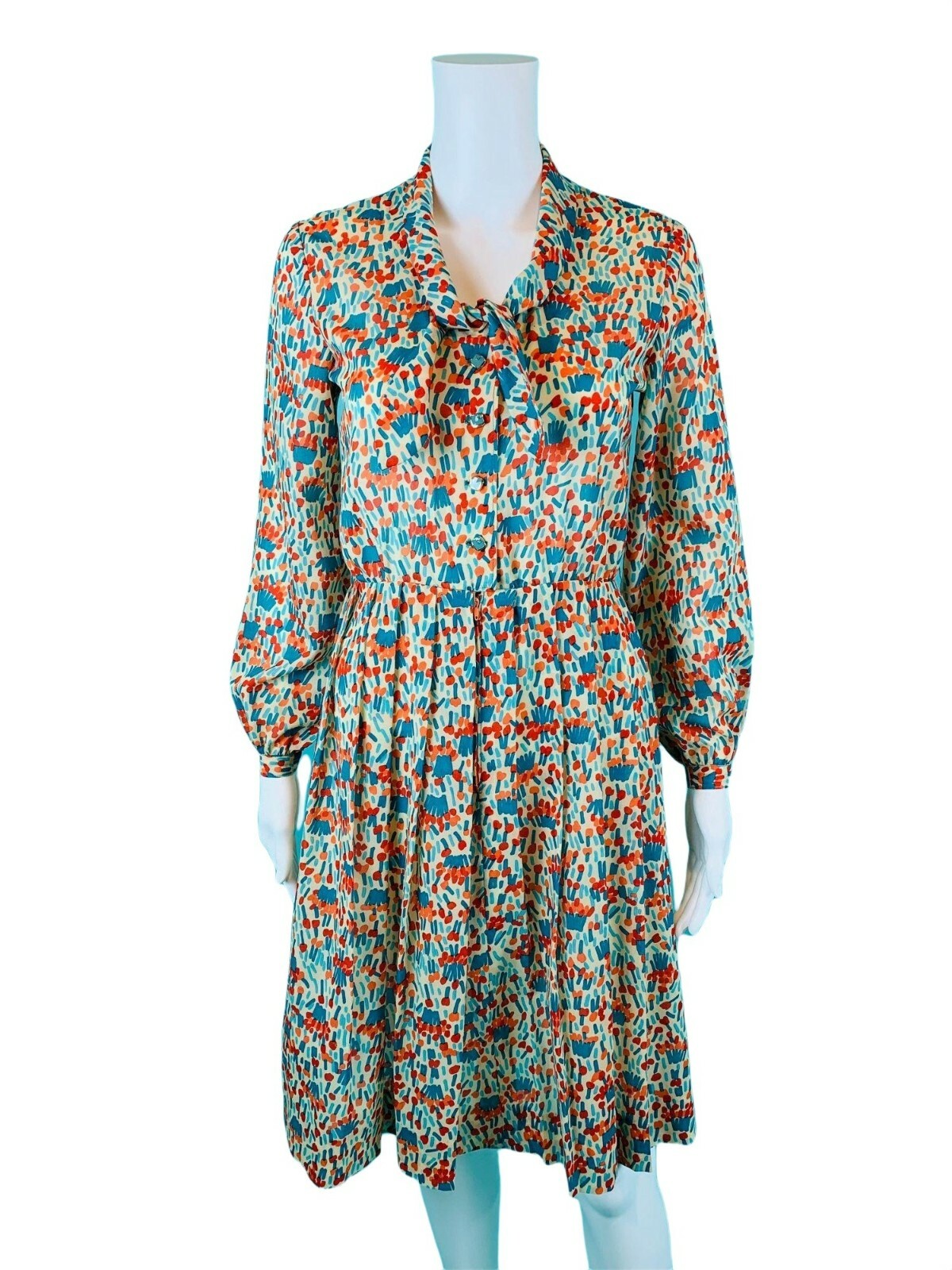 Vintage 1980s Silk Shirtdress Necktie Red Orange Blue Artistic Printed Dress