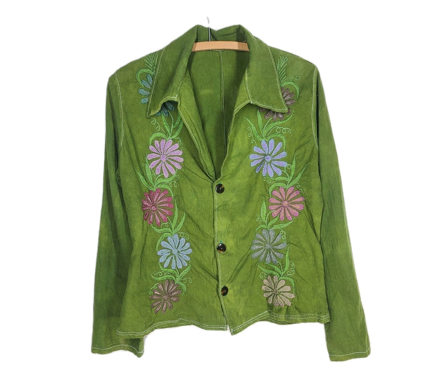 Vintage Embroidered Cotton Shirt M L Hand Dyed Boho Purple Flower Western Boho
