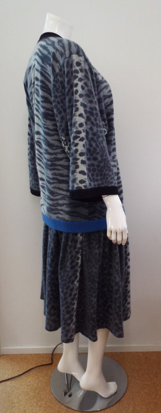 Vintage 1980s KENZO Sweater & Skirt Lambswool Angora Gray Animal Print Blue