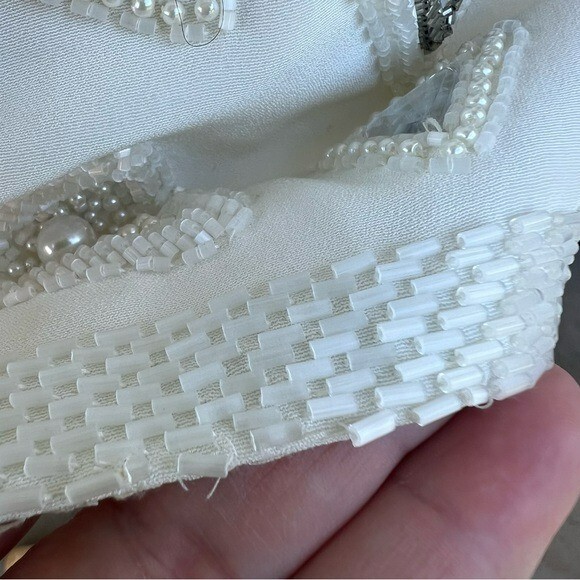 VTG Beaded Evening Jacket Heavily Embellished Winter White Pearl Triangle Sz 10