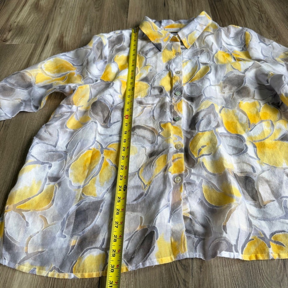 Vintage Yellow Grey Floral Burnout Sheer Button Up Blouse 24W 3/4 Sleeve