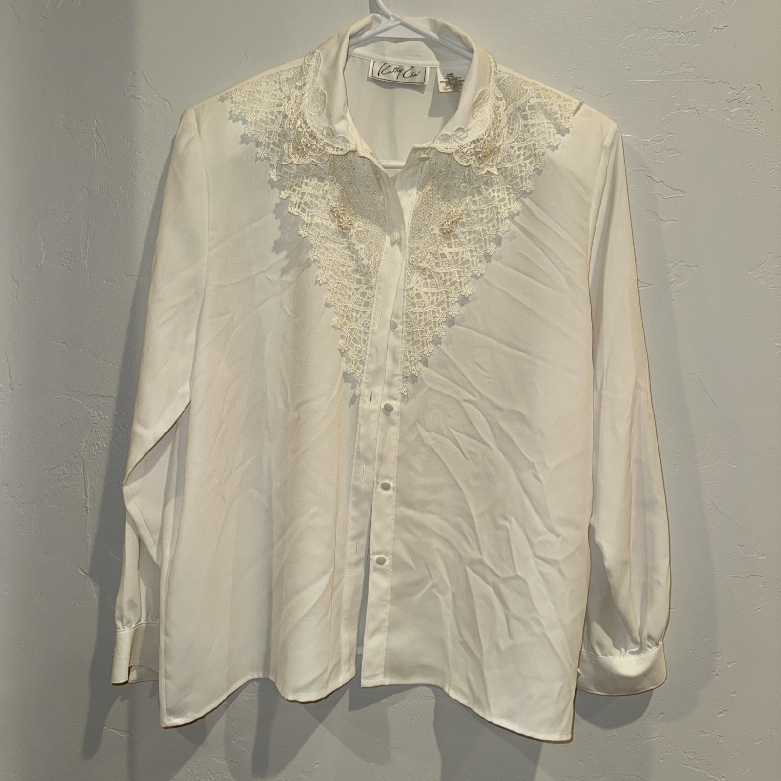 Kathy Che~ NWT Vintage Ivory Long Sleeve Dressy Blouse~ Lace Pearls Sequins~ 14P