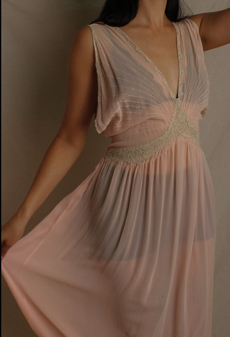 Vtg 30s Pleated Pink Silk Chiffon Lace Insertion Slip Dress Long Gown