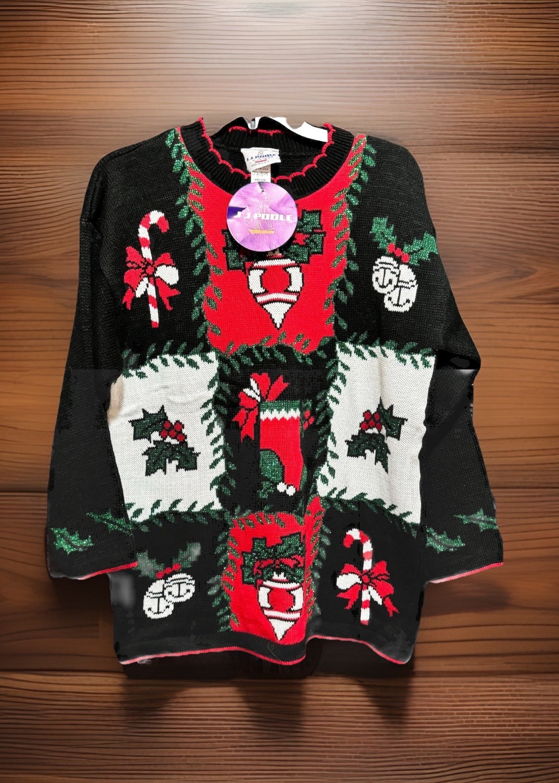 JJ Poole Ugly Christmas Sweater Size M Glitter Stocking Ornaments Vtg 1980s NEW