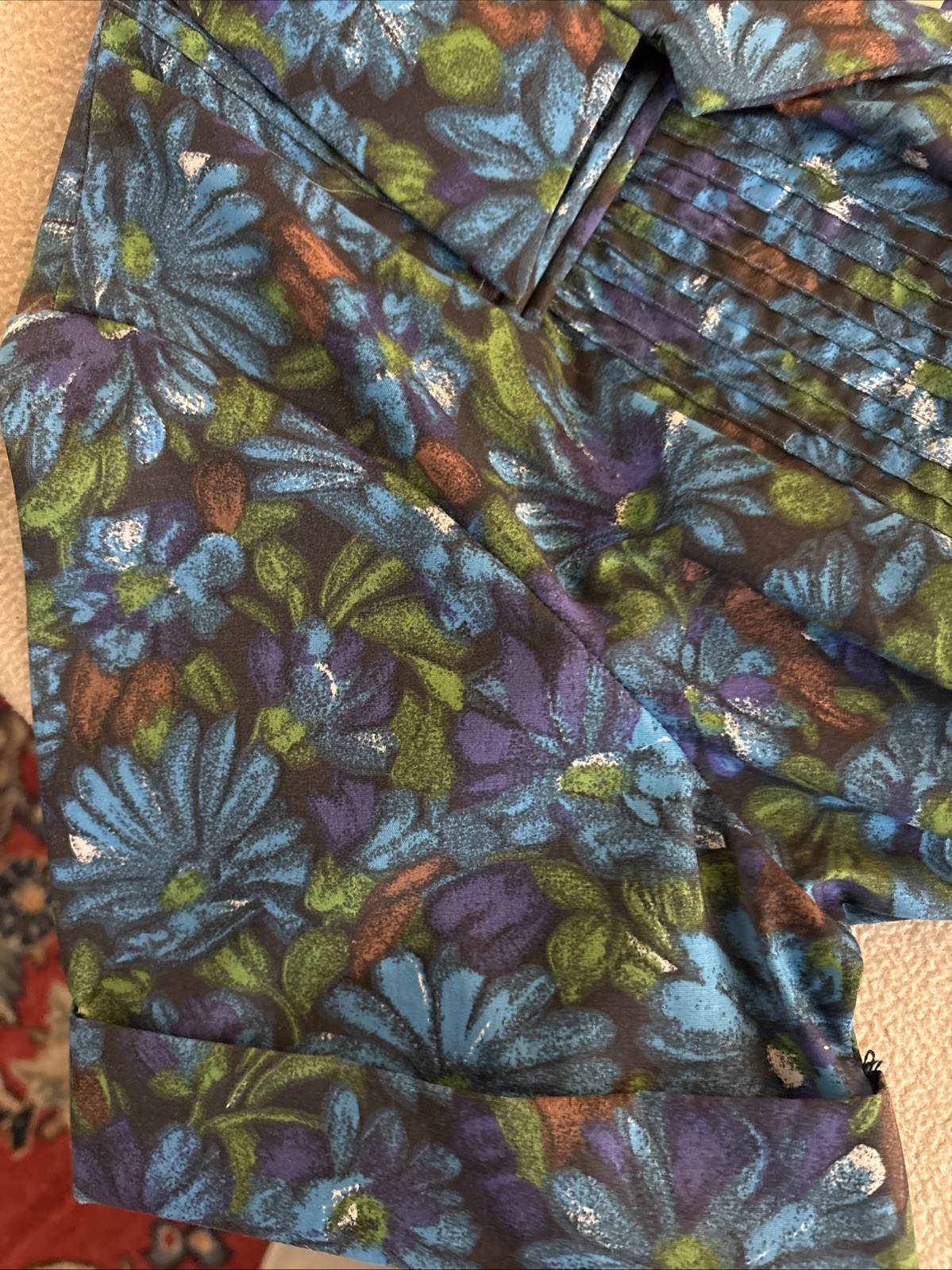 MCM Jeanne Crain of Hollywood Day Dress Blue Daisies Button/Tucks/Belt Sz 14-1/2