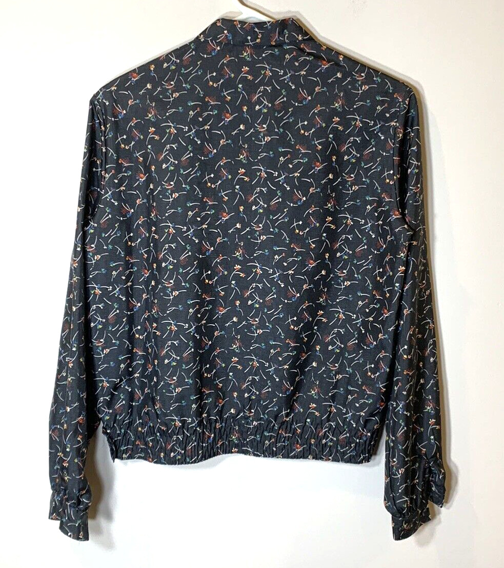 Lady Manhattan Blouse Womens 10 Black Vintage 70s Silkhana Floral Pullover
