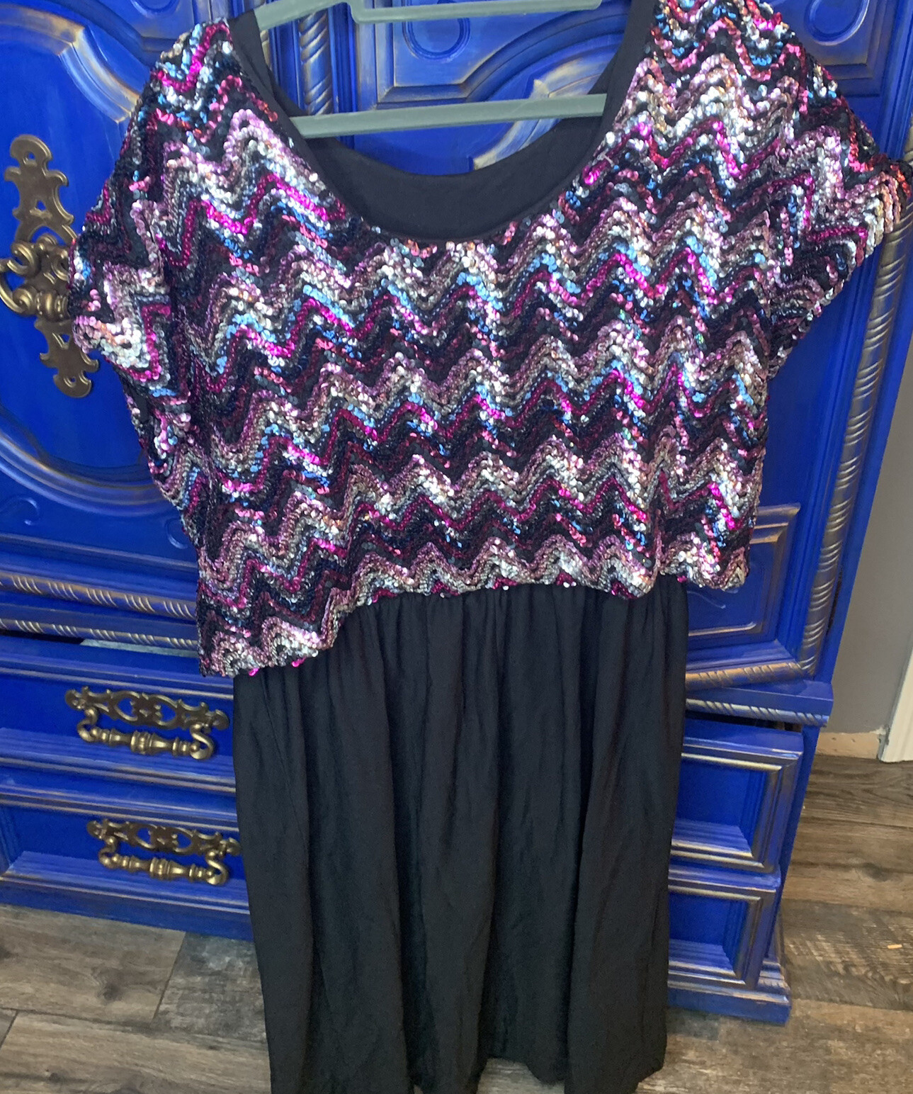 Vintage Sequin Dress Long Black Knit Pink Chevron Purple Kelli Kaye Large