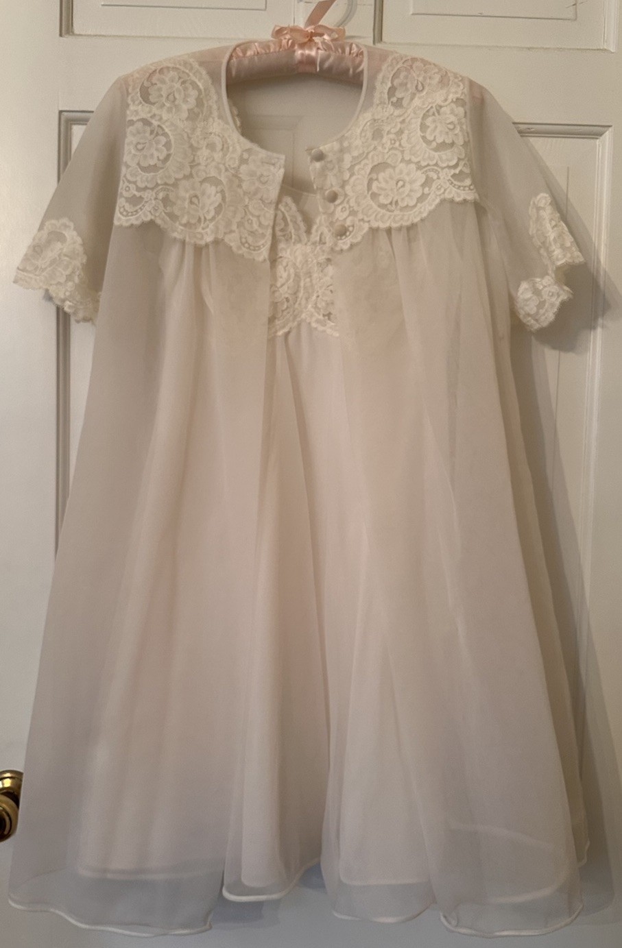 Vtg 50s Ivory Honeymoon Bridal Double Nylon Chiffon Nightgown Peignoir Set P XS