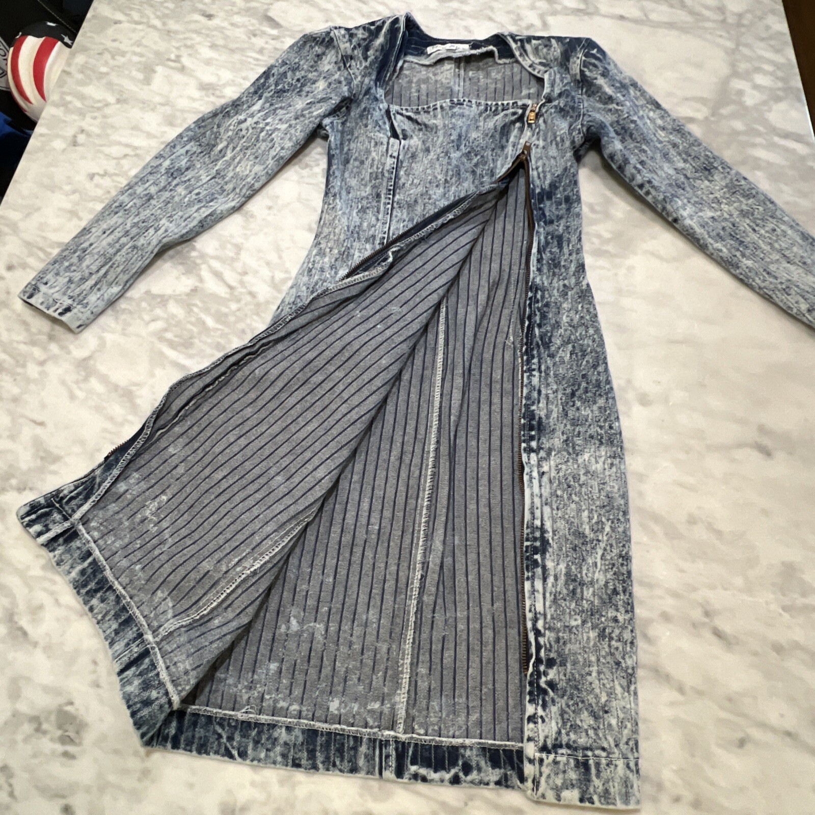 Vintage Paris Blue Dress Small Acid Wash Denim Full Zipper Long Sleeve Bodycon