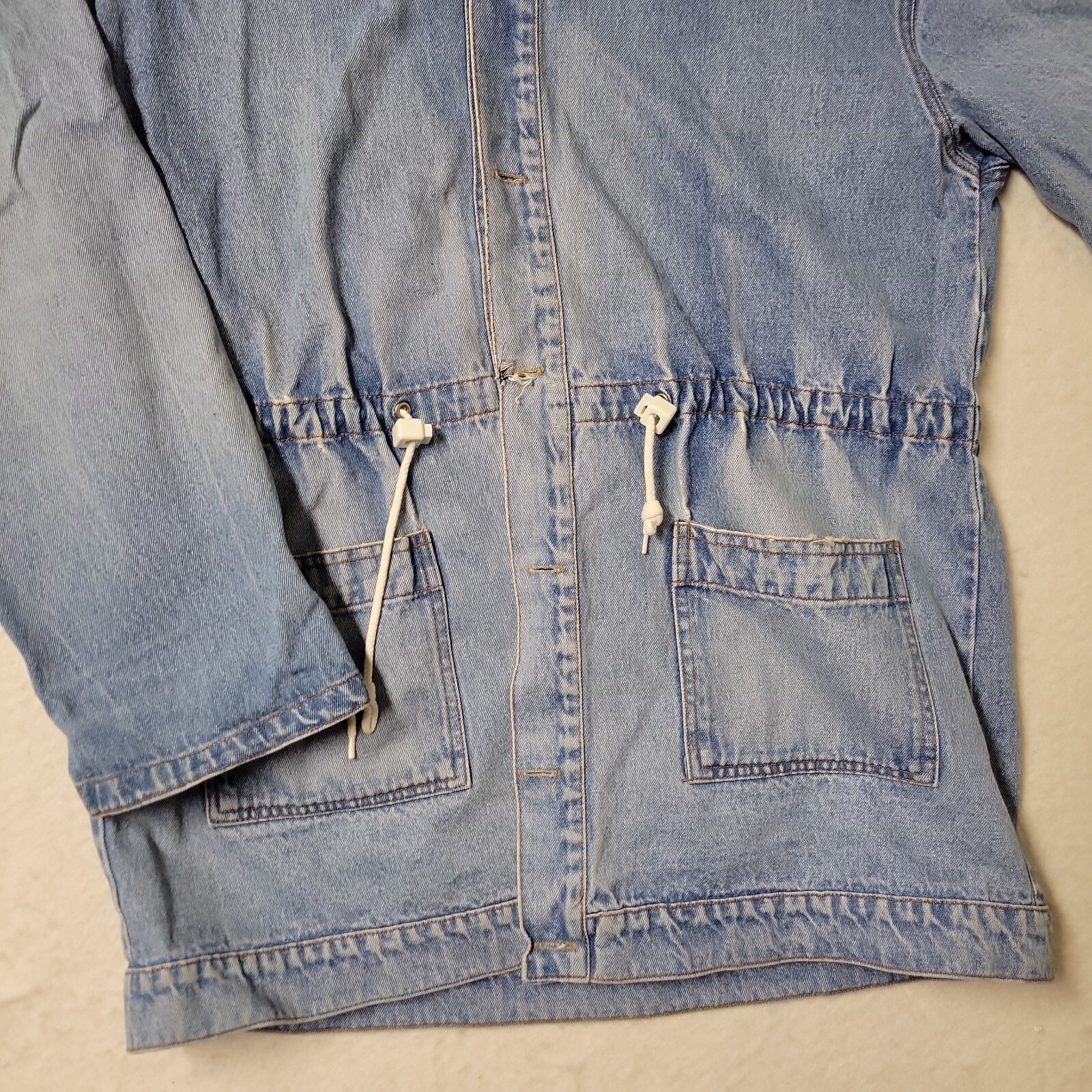 VTG ANDY JOHNS Denim Jacket Drawstring Hooded Grunge 90s 80s Light Wash READ