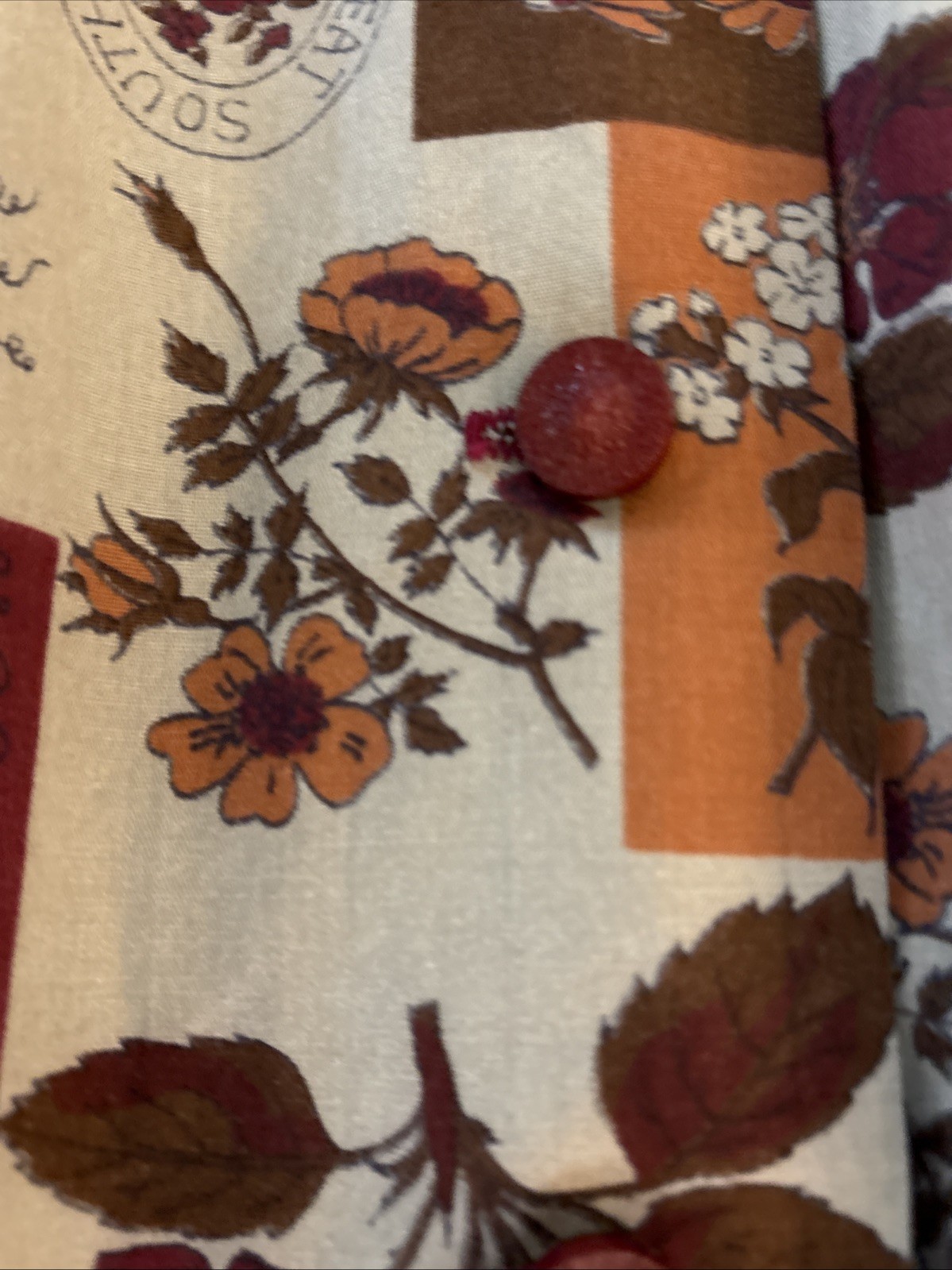 Vintage 1960’s Classic Shirtwaist Dress Tan Maroon Orange Graphics Fruit/Flowers