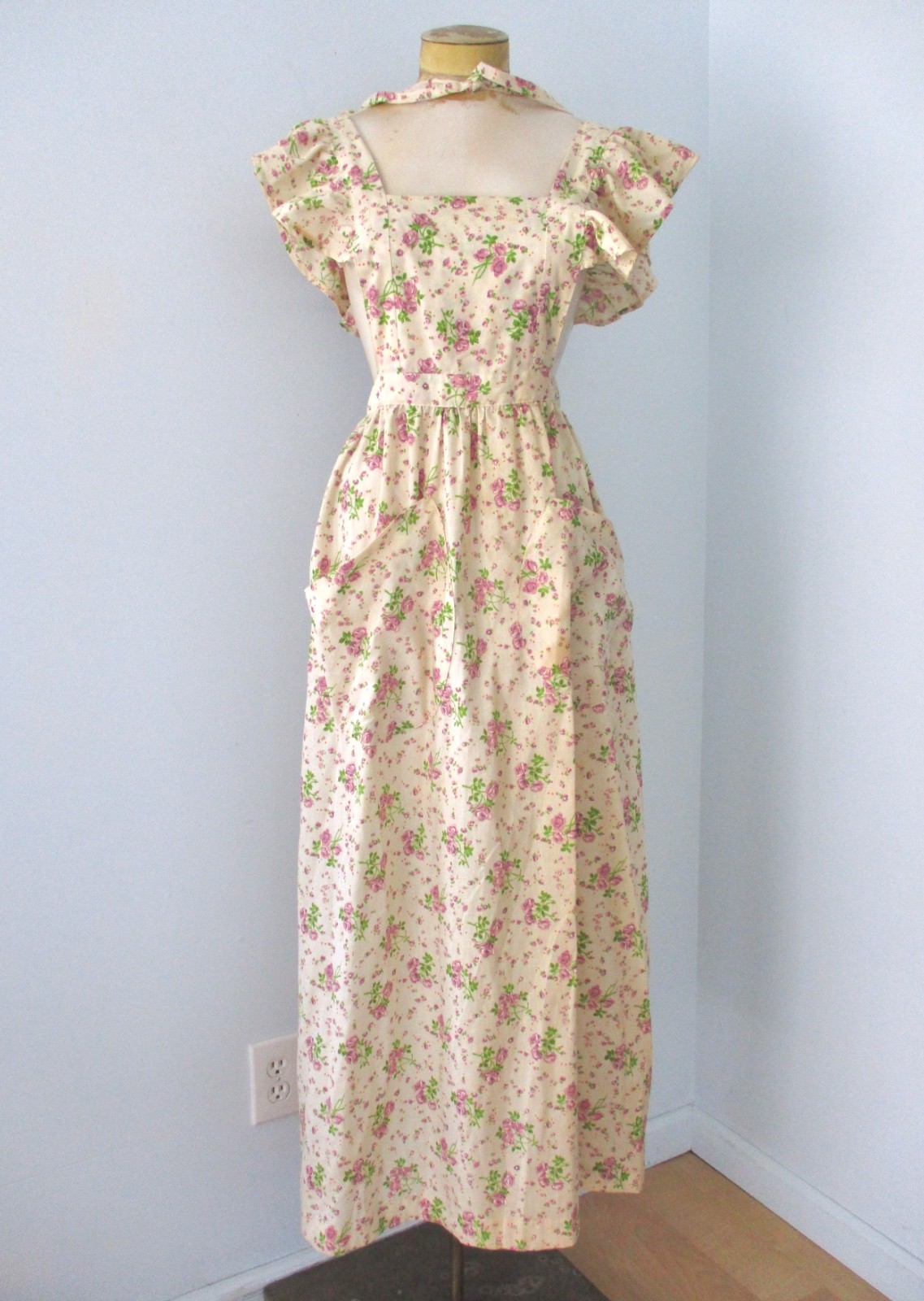 Vtg 70s beige purple floral prairie pioneer pinafore apron dress & bonnets M