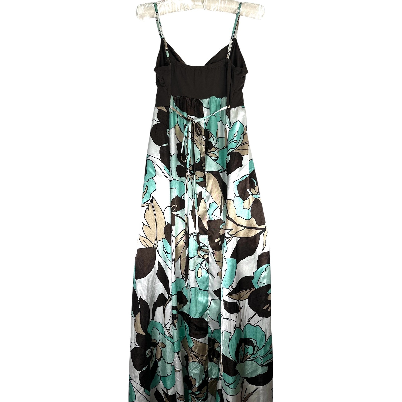 Candie’s Y2K Floral Maxi Dress XL Brown Aqua Empire Waist Satin 2000s Boho Indie