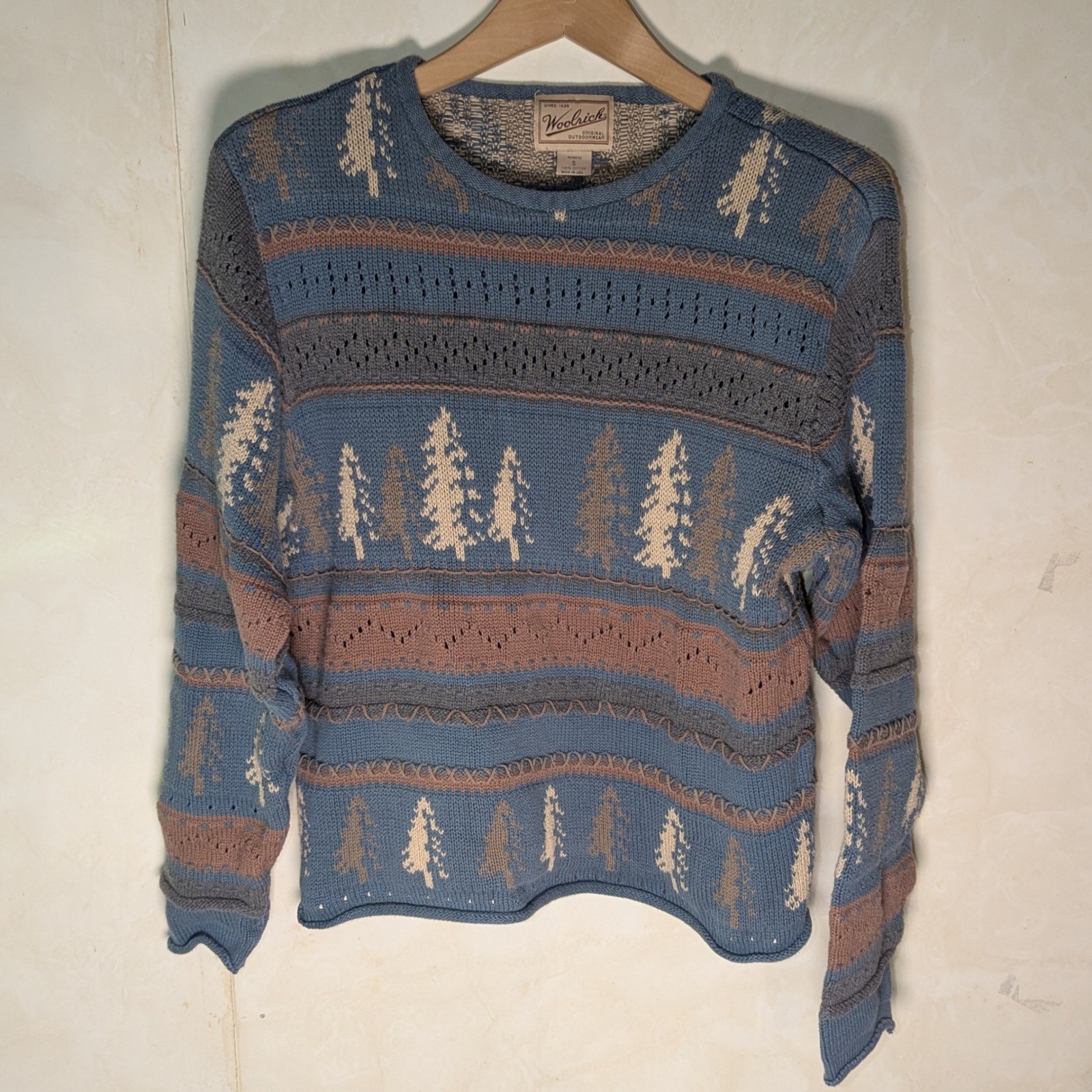 Vtg 1990s Woolrich Sweater Woman’s small 100% Cotton Tree Fair Isle Knit USA